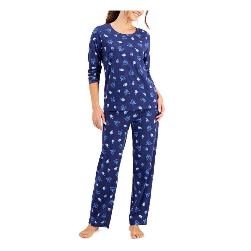 FAMILY PJs Womens Hanukkah Navy Long Sleeve Top Straight leg Pants Pajamas S